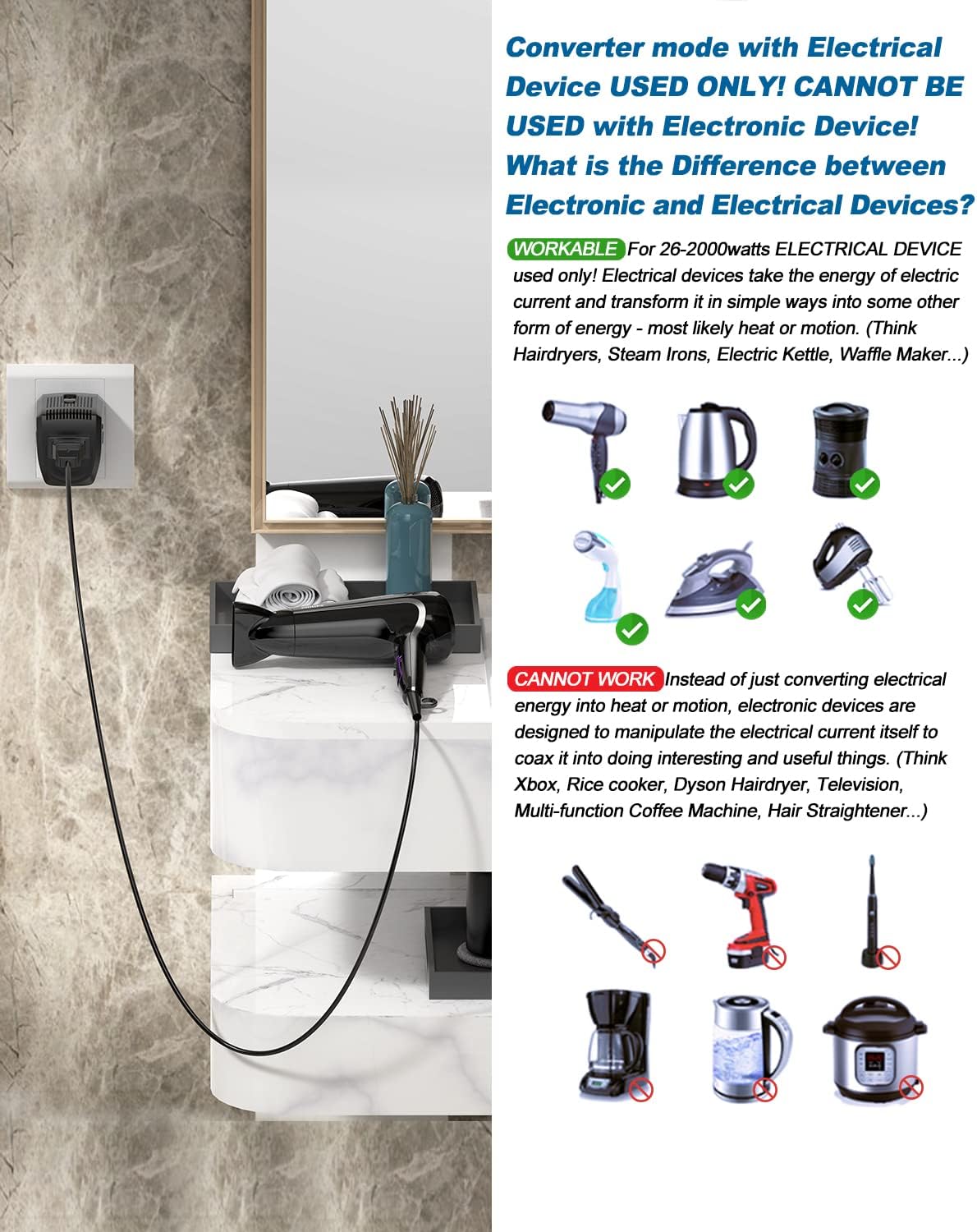 2000W Voltage Converter Adapter US to Europe, UK, Australia, Italy, Spain, Asia Over 150 Countries - Converter Step Down 220V to 110V for Hair Dryer Used Only, Adapter Mode for Cell Phone Laptop - Image 2