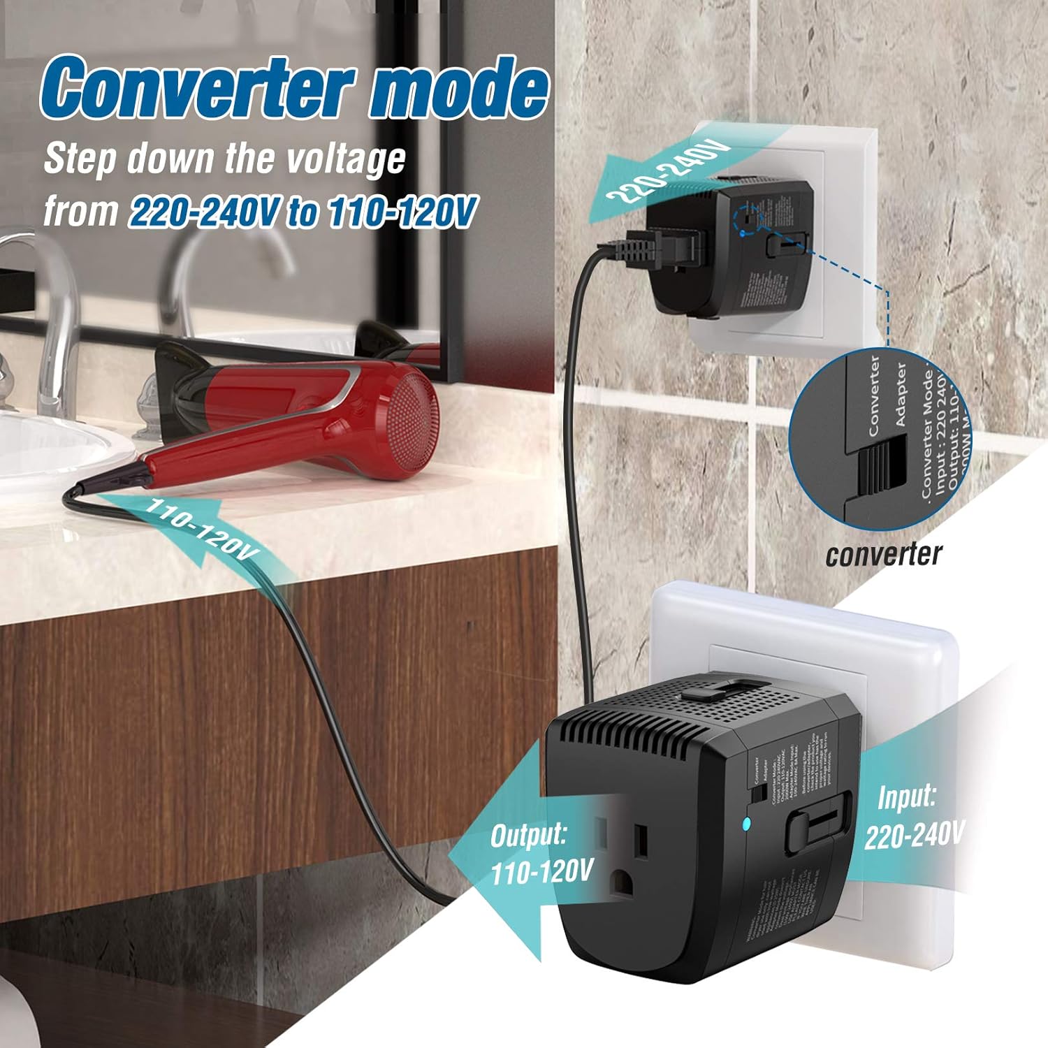 2000W Voltage Converter Adapter US to Europe, UK, Australia, Italy, Spain, Asia Over 150 Countries - Converter Step Down 220V to 110V for Hair Dryer Used Only, Adapter Mode for Cell Phone Laptop - Image 3
