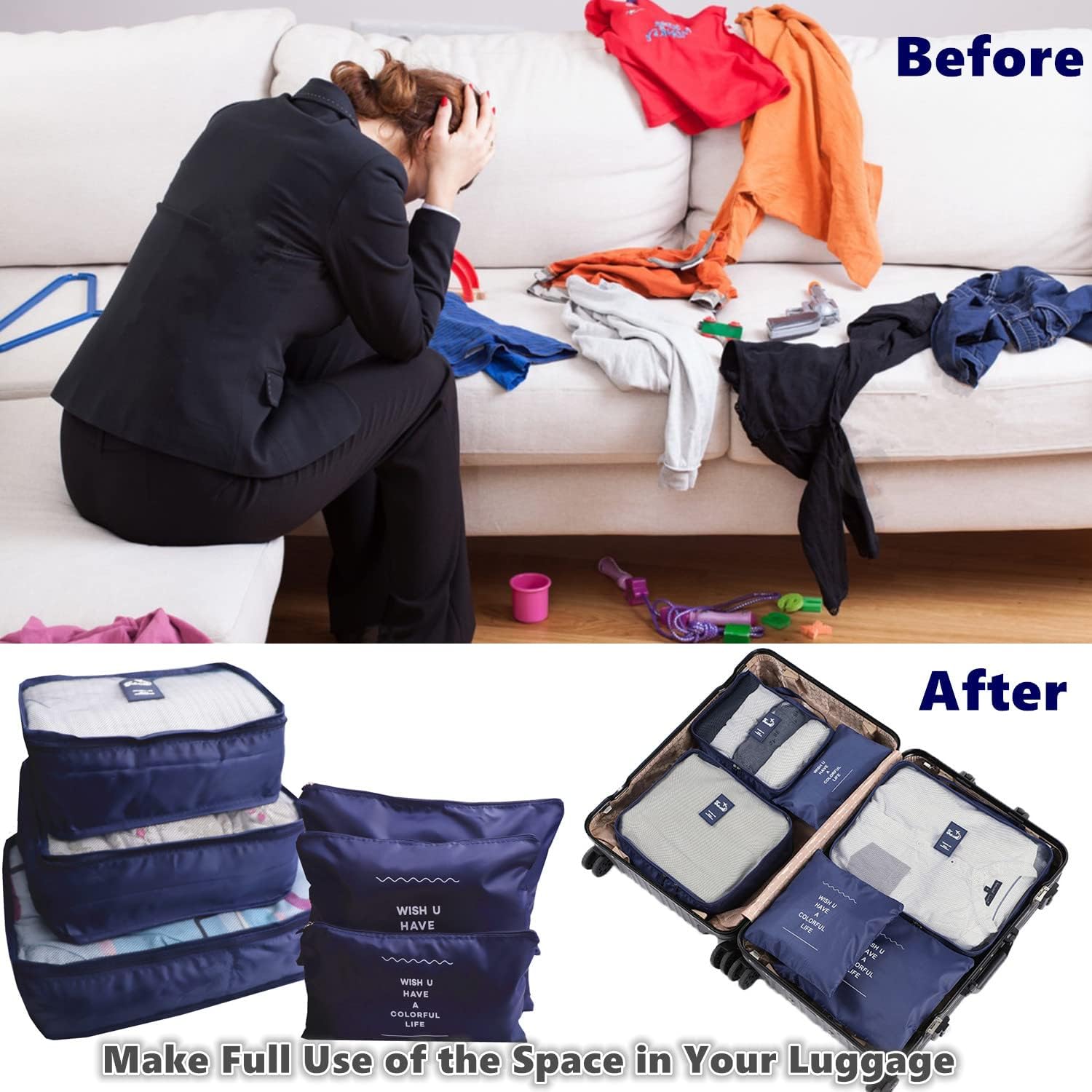 GUIFIER 6 Pieces Packing Cubes for Suitcases, Travel Luggage Organizer Bags, Travel Storage Packing Organizers Laundry Bags, Compression Pouch Bags for Travel Clothes Backpack Suitcases (Navy Blue) - Image 4