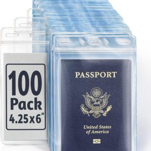 EcoEarth Passport & Identification Card Holders with Soft Edge (Clear, 4x6 Inch, 100 Pack), Extra Large Vertical ID Holder, Zipperless Plastic Name Badge Holders