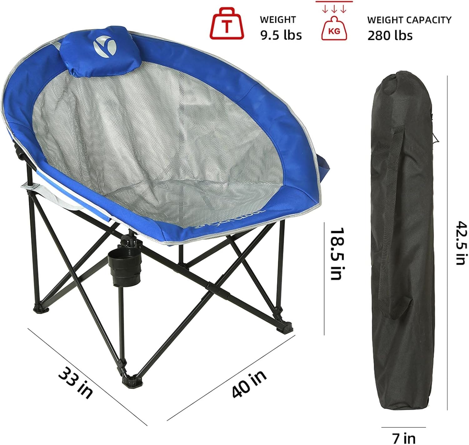 ROCK CLOUD Folding Camping Chair Oversized Padded Moon Chairs Outdoor for Camp Lawn Hiking Fishing Sports, Blue - Image 3