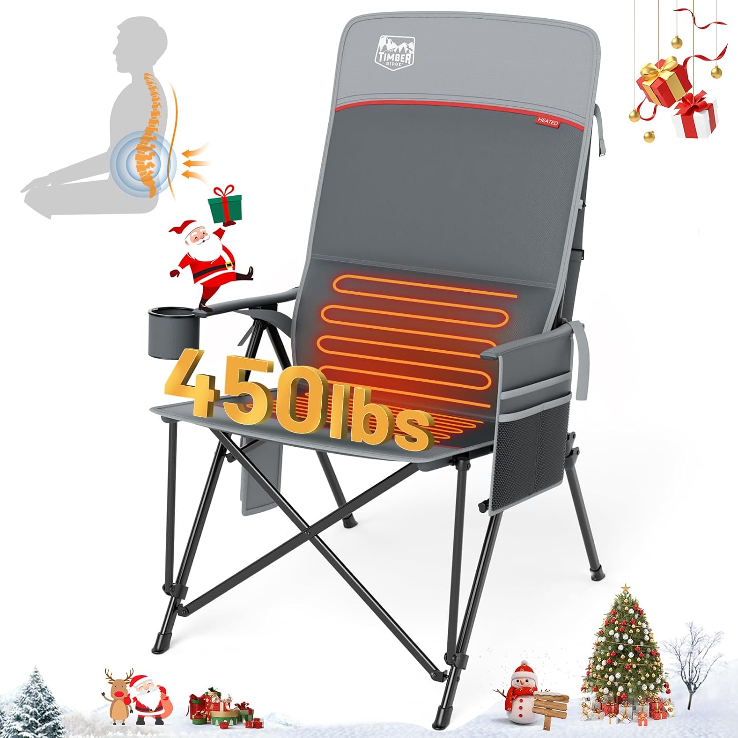 TIMBER RIDGE Oversized Heated Camping Chair with Lumbar Support, Portable Folding Chair Heavy Duty for Adults Supports 450 LBS for Outdoor Camping, Lawn, with High Back (Power Bank not Included)
