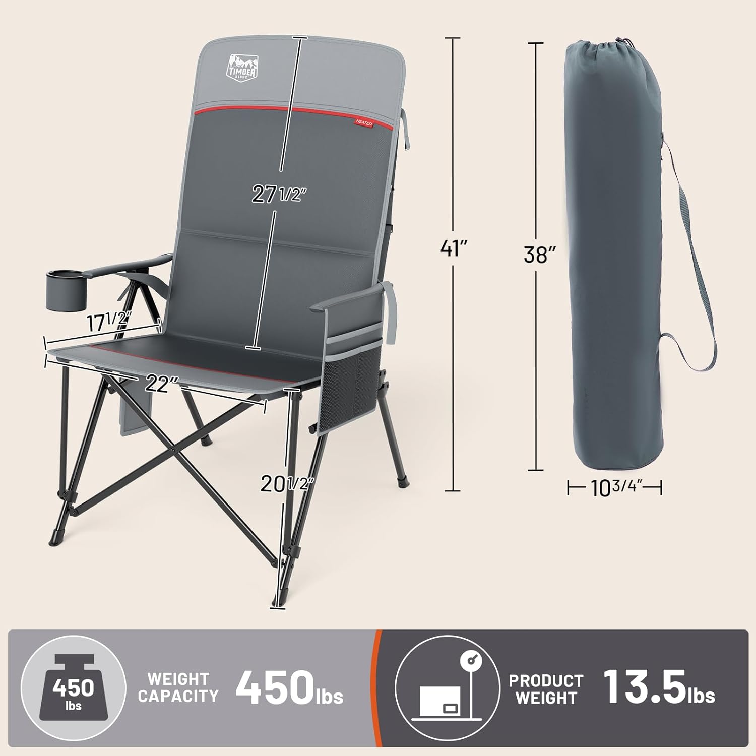 TIMBER RIDGE Oversized Heated Camping Chair with Lumbar Support, Portable Folding Chair Heavy Duty for Adults Supports 450 LBS for Outdoor Camping, Lawn, with High Back (Power Bank not Included) - Image 3