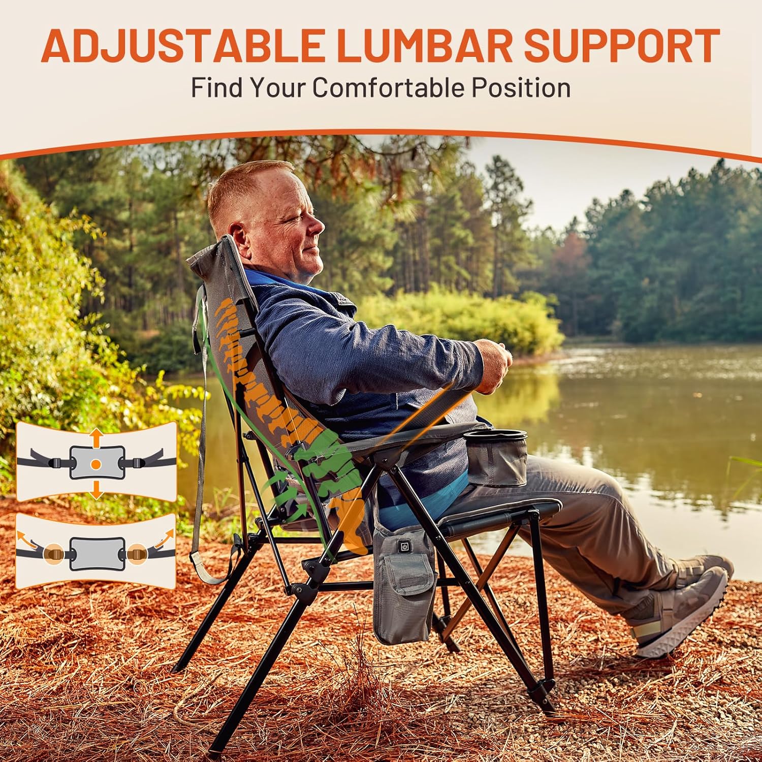 TIMBER RIDGE Oversized Heated Camping Chair with Lumbar Support, Portable Folding Chair Heavy Duty for Adults Supports 450 LBS for Outdoor Camping, Lawn, with High Back (Power Bank not Included) - Image 6